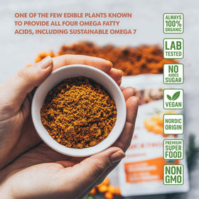 LOOV sea buckthorn powder added to a smoothie for color and nutrients