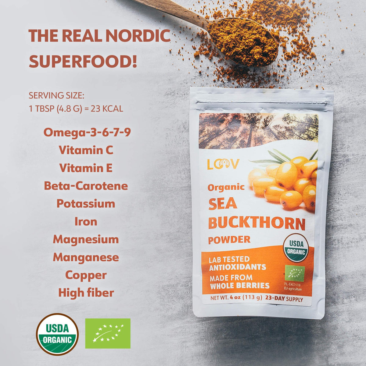 LOOV sea buckthorn powder texture close-up showing crumb-like consistency