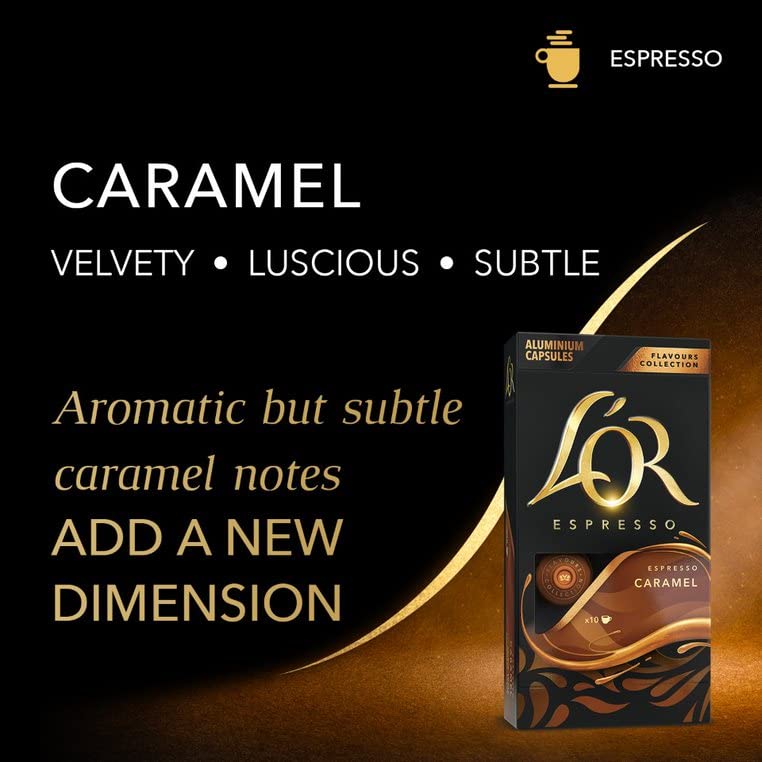 L'OR caramel flavor capsules offer smooth sweetness for a comforting cup.
