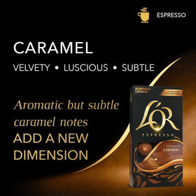 L'OR caramel flavor capsules offer smooth sweetness for a comforting cup.