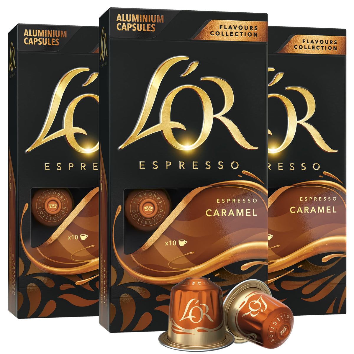 L'OR Espresso Capsules caramel packaging highlights premium aluminum pods.