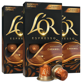 L'OR Espresso Capsules caramel packaging highlights premium aluminum pods.