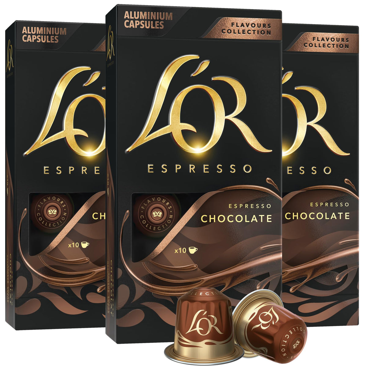 L'OR espresso chocolate capsules in aluminum pods for cafe style coffee.