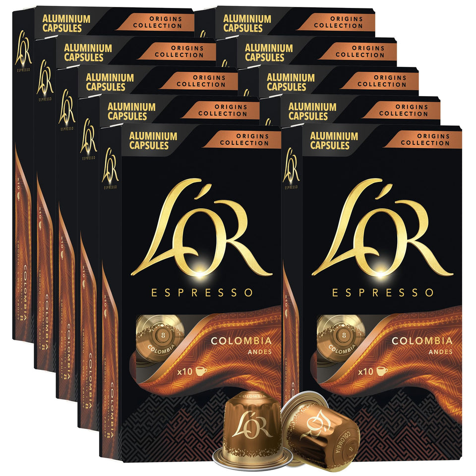 L'OR espresso Colombia packaging highlights the 100-count box for daily use