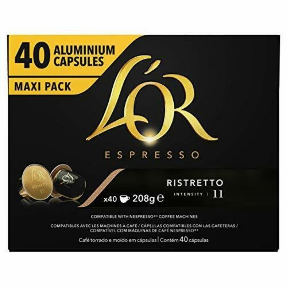 L'Or Espresso Ristretto pods 40-count packaging close-up for intense espresso at home