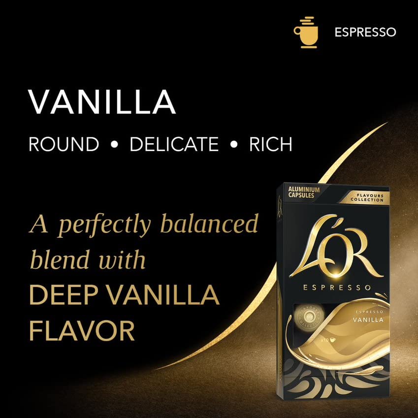 L'OR vanilla espresso capsules aluminum pod close-up, rich vanilla aroma.