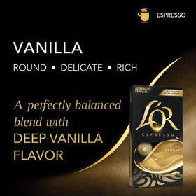 L'OR vanilla espresso capsules aluminum pod close-up, rich vanilla aroma.