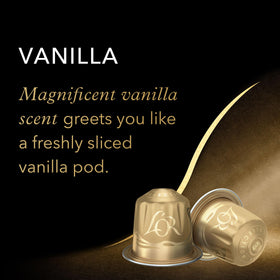 L'OR vanilla espresso capsules being inserted into L'OR Barista machine.