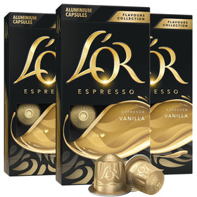 L'OR vanilla espresso capsules front pack, ideal for quick home espresso.