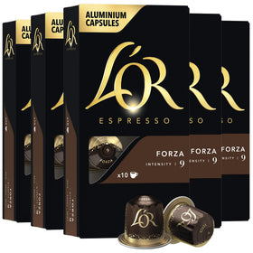 L'OR Forza espresso capsules 50-count pack for easy daily brewing.