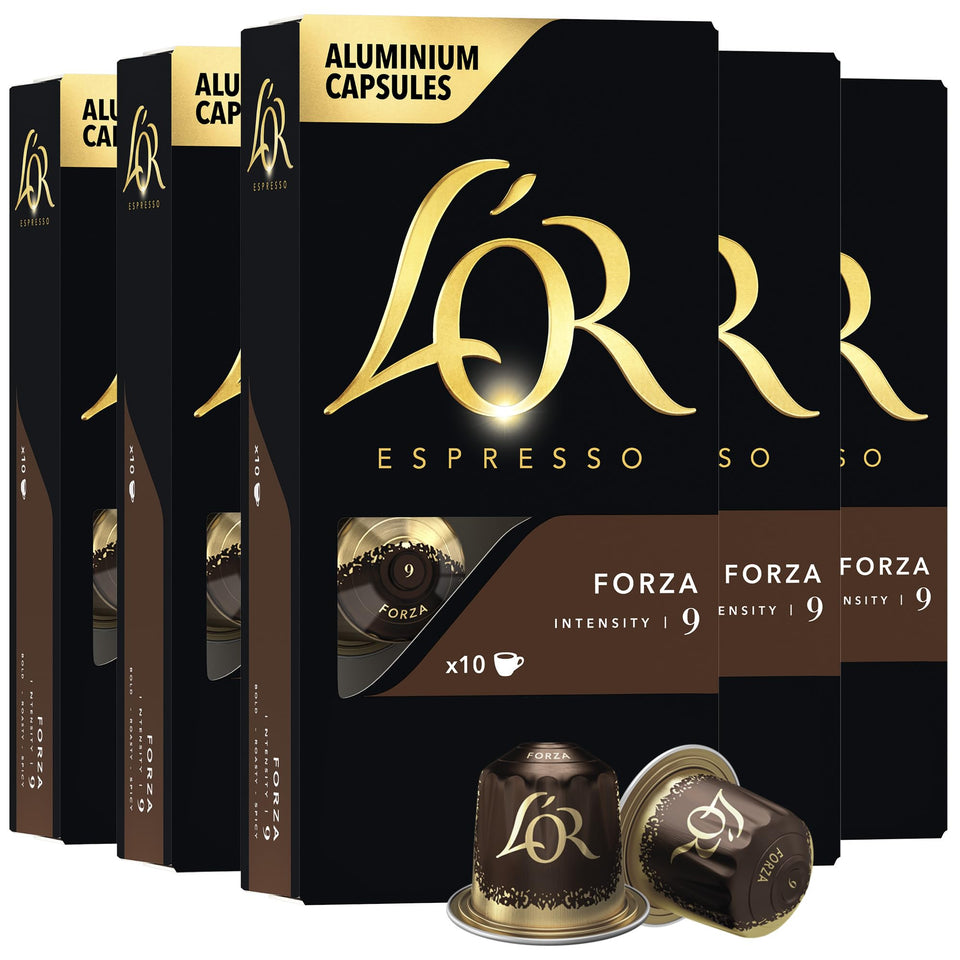 L'OR Forza espresso capsules 50-count pack for easy daily brewing.