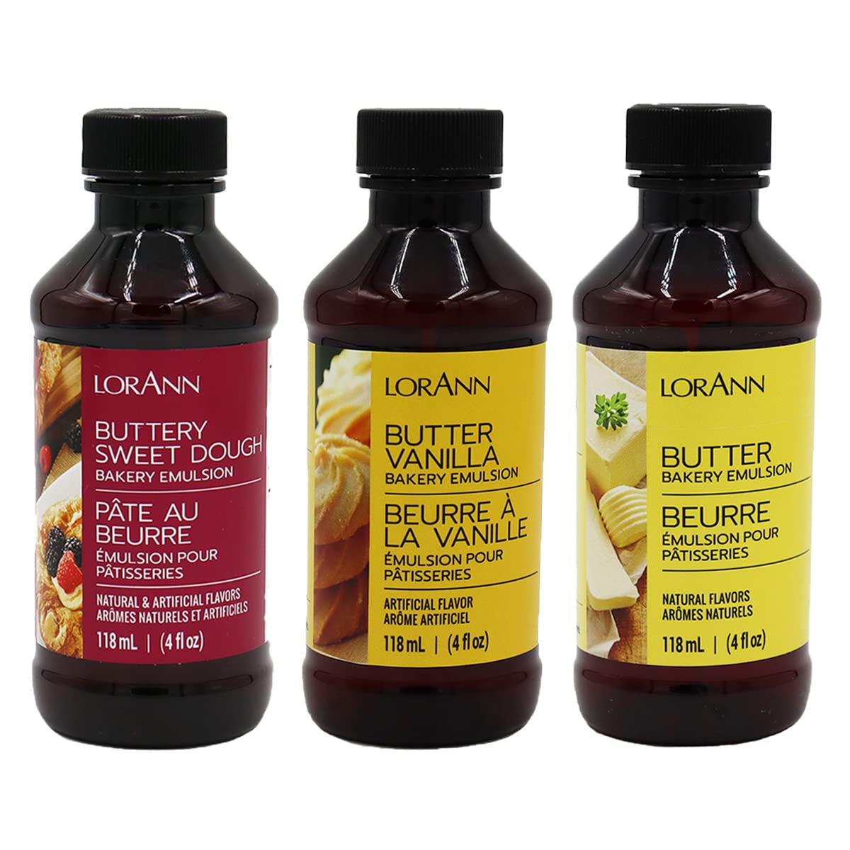 LorAnn Bakery Emulsion Buttery Sweet Dough bottle close-up highlighting long-lasting flavor in baked goods.