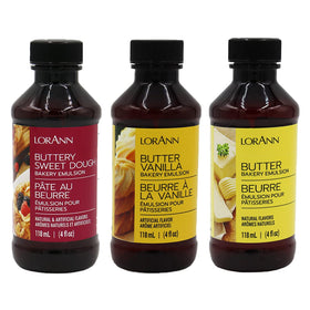 LorAnn Bakery Emulsion Buttery Sweet Dough bottle close-up highlighting long-lasting flavor in baked goods.