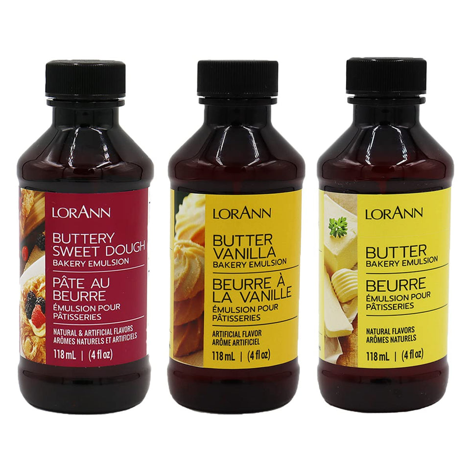 LorAnn Bakery Emulsion Buttery Sweet Dough bottle close-up highlighting long-lasting flavor in baked goods.