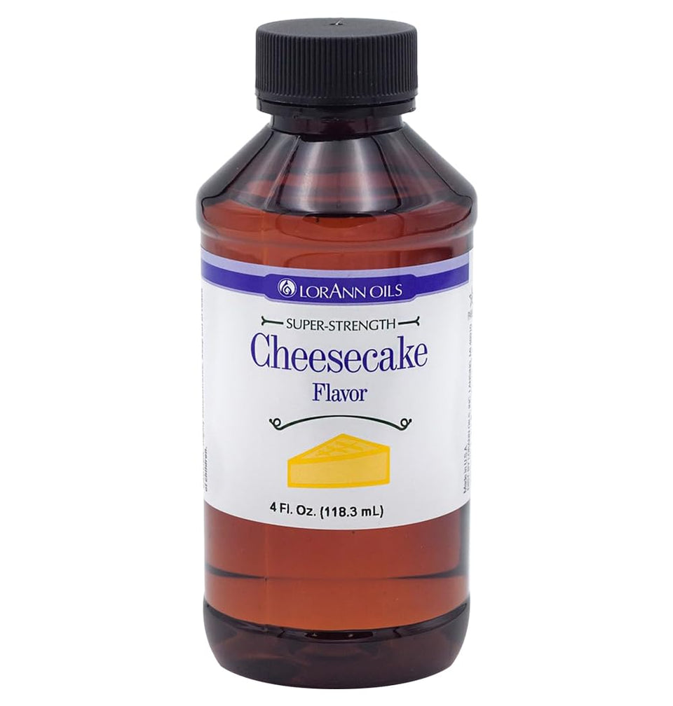 LorAnn Oils Cheesecake Flavor bottle on kitchen counter, ideal for rich cheesecake batters