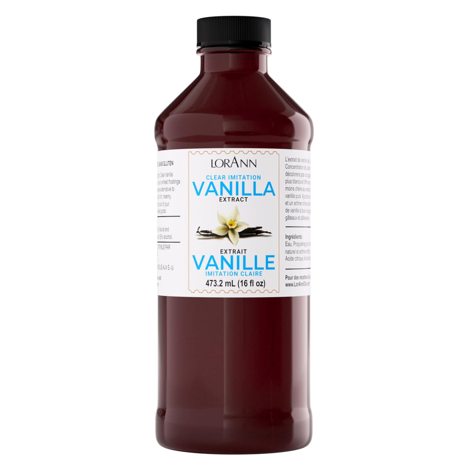 LorAnn Clear Imitation Vanilla Extract bottle keeps frostings bright and flavorful.