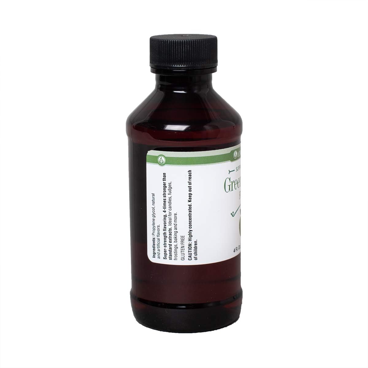 Close-up of LorAnn Green Apple flavor label highlighting strong potency.