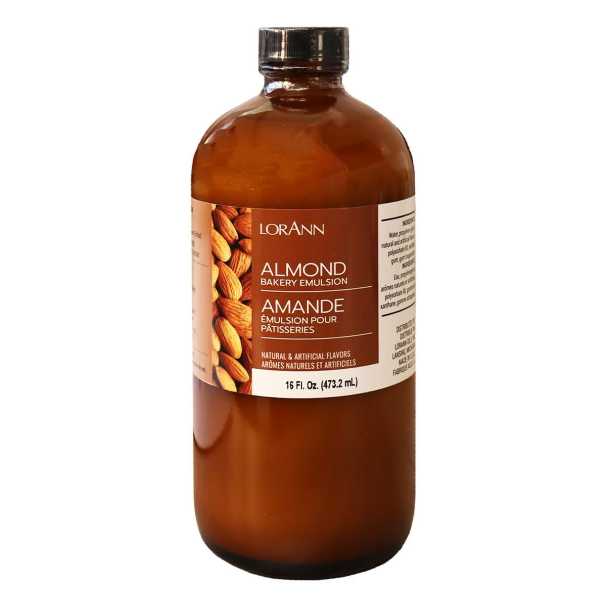 LorAnn Oils Almond Bakery Emulsion bottle for bakery-grade flavor in cakes, cookies, and desserts.
