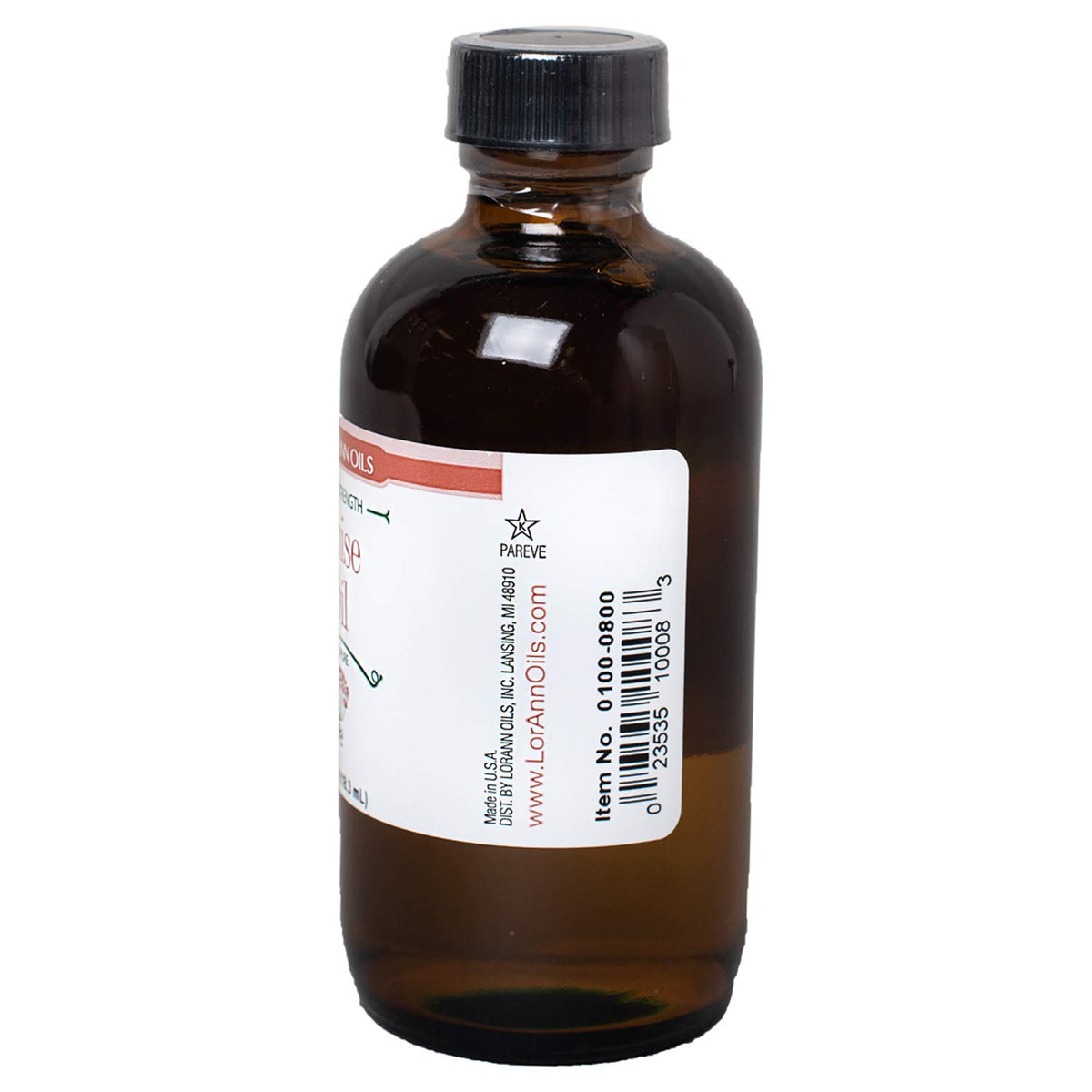 LorAnn Oils Anise Oil label indicating natural flavor and usage notes.