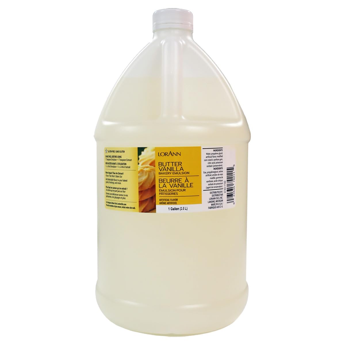 LorAnn Oils Butter Vanilla Bakery Emulsion bottle close-up for rich fruit notes in desserts.