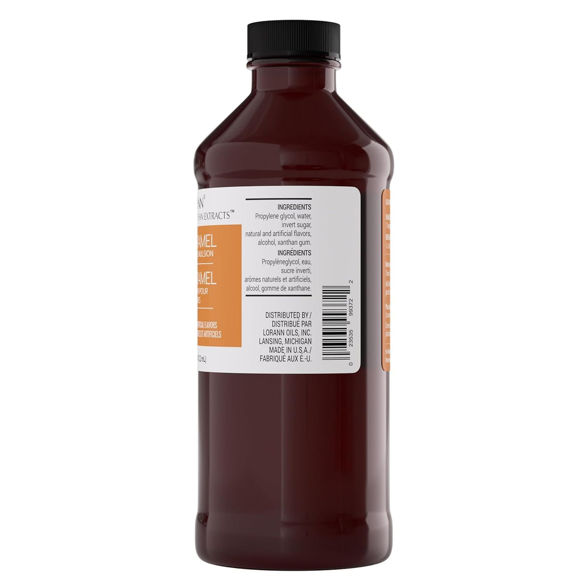 LorAnn Oils Caramel Bakery Emulsion packaging highlights USA-made and recyclable materials.