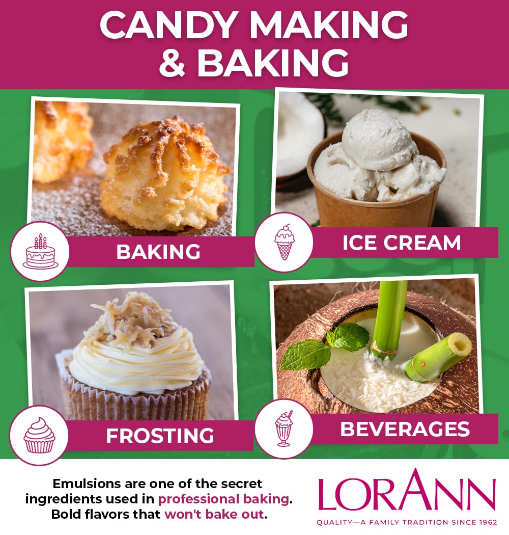 Close-up of LorAnn Coconut Bakery Emulsion label highlighting gluten-free and keto-friendly.