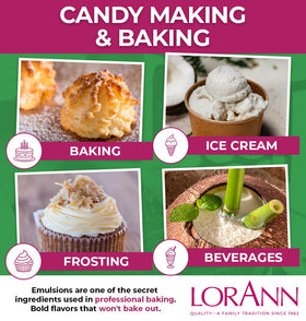 Close-up of LorAnn Coconut Bakery Emulsion label highlighting gluten-free and keto-friendly.