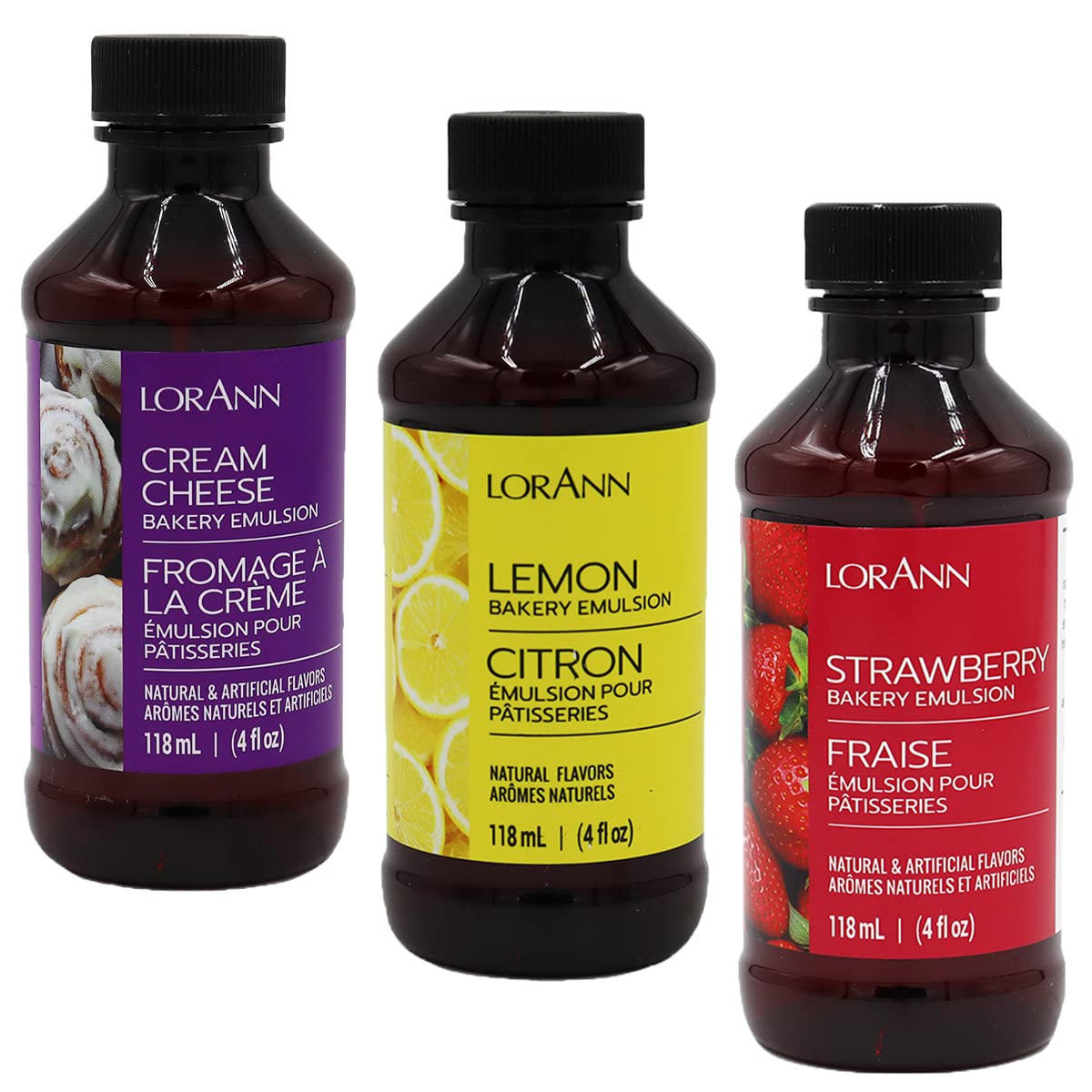 LorAnn Oils Cream Cheese Lemon Strawberry Emulsion bottle adds bakery-grade flavor to cookies and cakes.