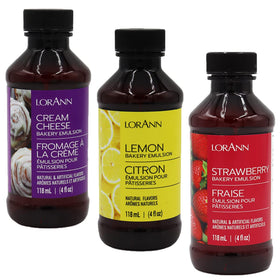 LorAnn Oils Cream Cheese Lemon Strawberry Emulsion bottle adds bakery-grade flavor to cookies and cakes.