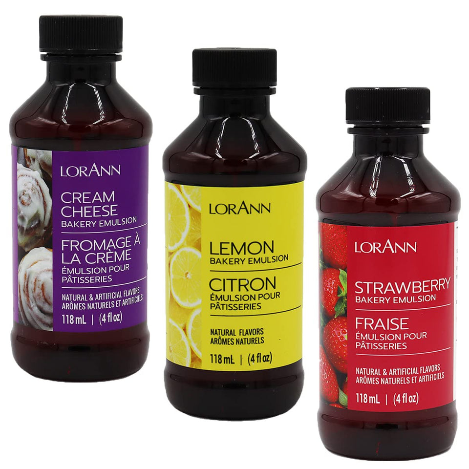LorAnn Oils Cream Cheese Lemon Strawberry Emulsion bottle adds bakery-grade flavor to cookies and cakes.
