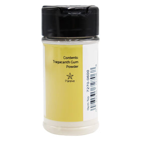 LorAnn Oils Gum Tragacanth 77-gram jar labeling highlights portion and storage guidance.