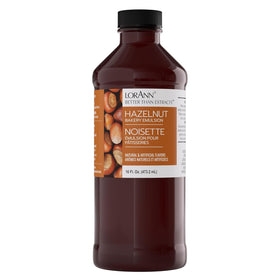 LorAnn Oils Hazelnut Bakery Emulsion bottle highlighted for rich hazelnut flavor in baked goods.