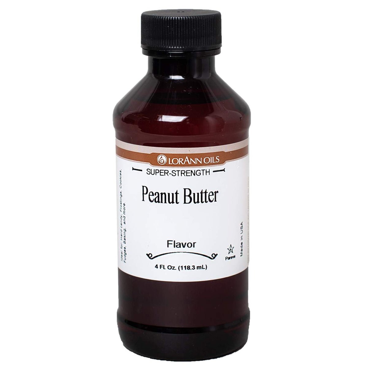 LorAnn Oils Peanut Butter Flavor bottle label close-up for precise baking measurements.