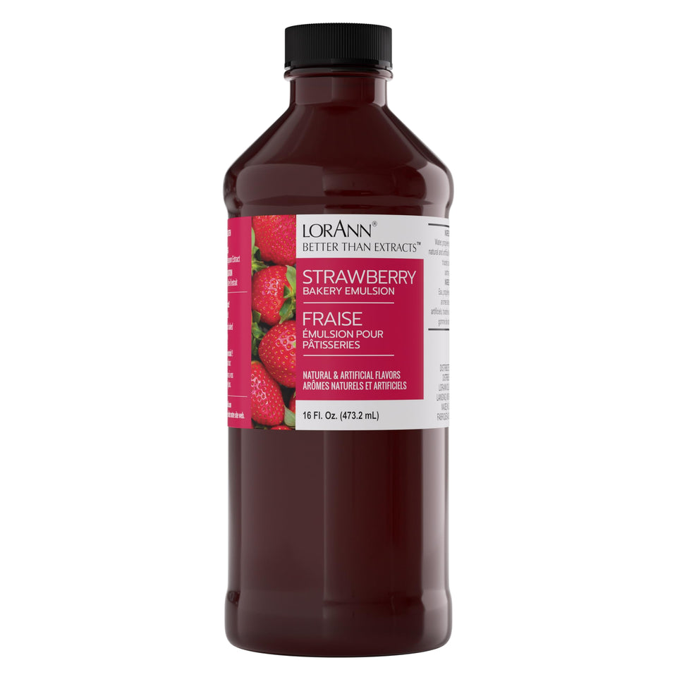 LorAnn Oils Strawberry Bakery Emulsion bottle pour delivers rich strawberry flavor to baked goods.