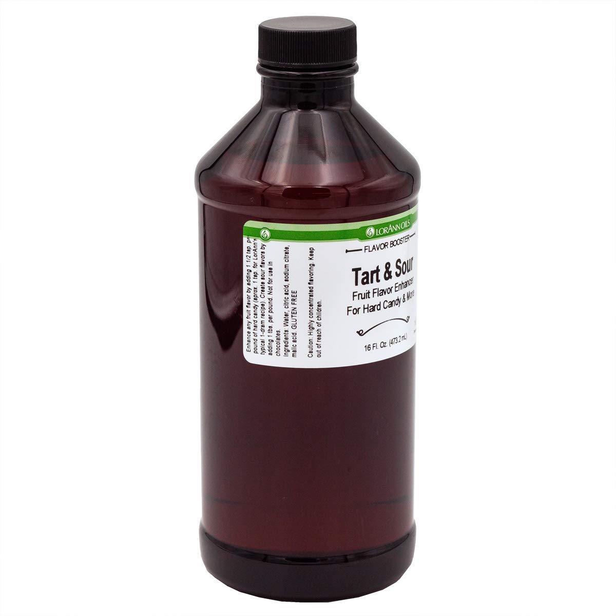 Closeup of LorAnn Oils Tart and Sour label highlighting bold flavor boost for desserts.