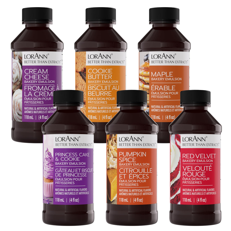 LorAnn Oils Variety Bakery Emulsion lineup showcasing flavors for bakery-grade cookies and cakes.