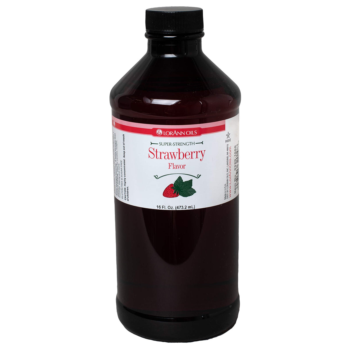 LorAnn Strawberry SS flavor bottle closeup for vibrant candy and dessert applications.
