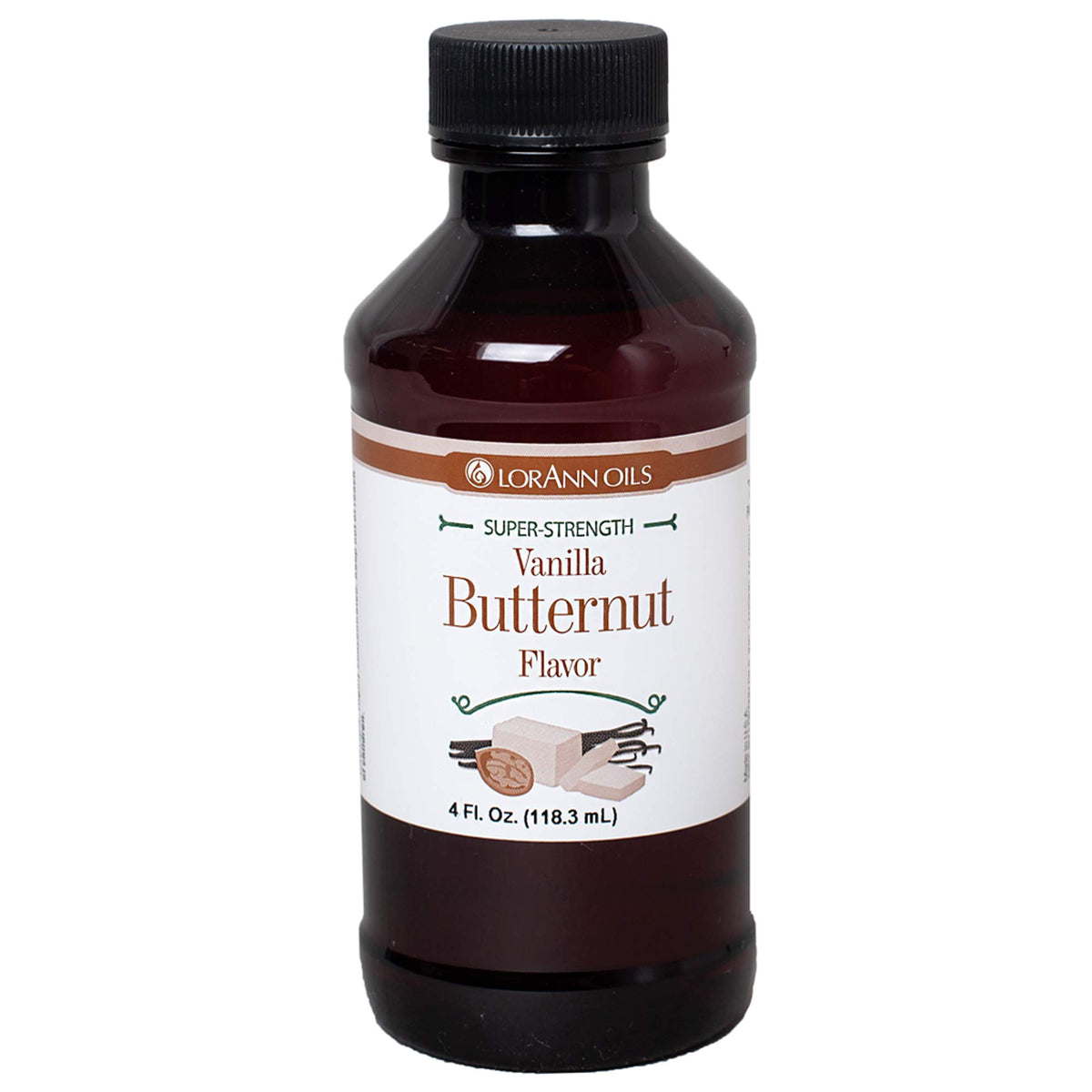 LorAnn Vanilla Butternut Super Strength bottle close-up for rich vanilla flavor.