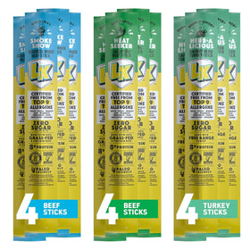 Lorissa's Kitchen beef sticks Smoke Show pack—bold flavor and 8 g protein per stick.