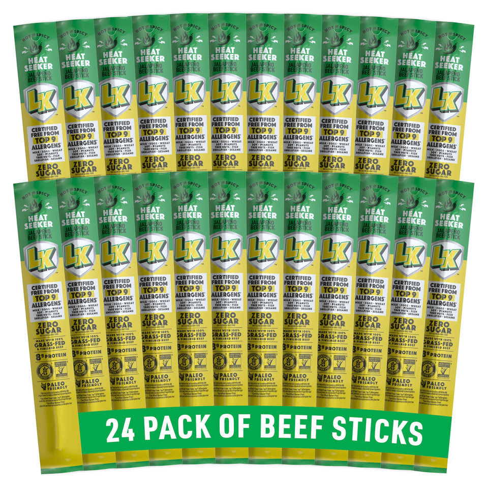 Lorissa's Kitchen Heat Seeker jalapeño beef sticks 24-pack, convenient grab-and-go protein.