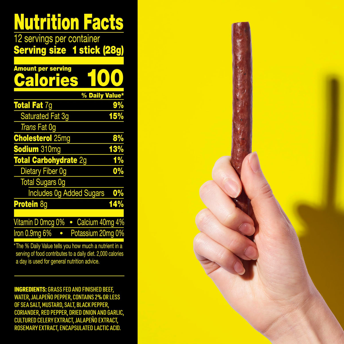 Lorissa's Kitchen Heat Seeker jalapeno beef sticks nutrition label highlights zero sugar.