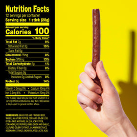 Lorissa's Kitchen Heat Seeker jalapeno beef sticks nutrition label highlights zero sugar.
