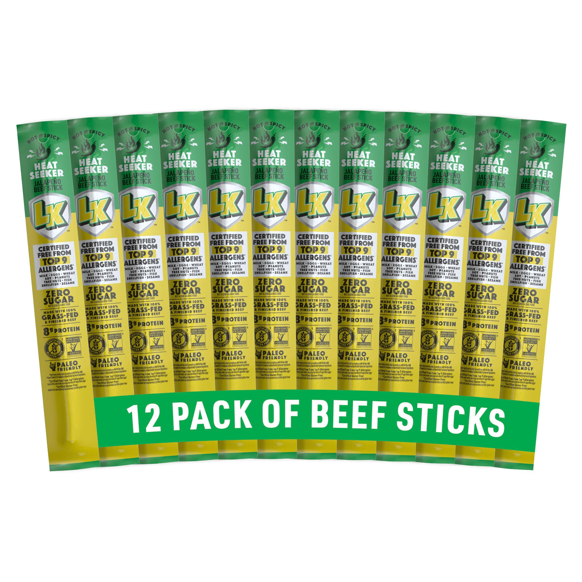 Lorissa's Kitchen Heat Seeker jalapeno beef sticks pack front for on-the-go protein.