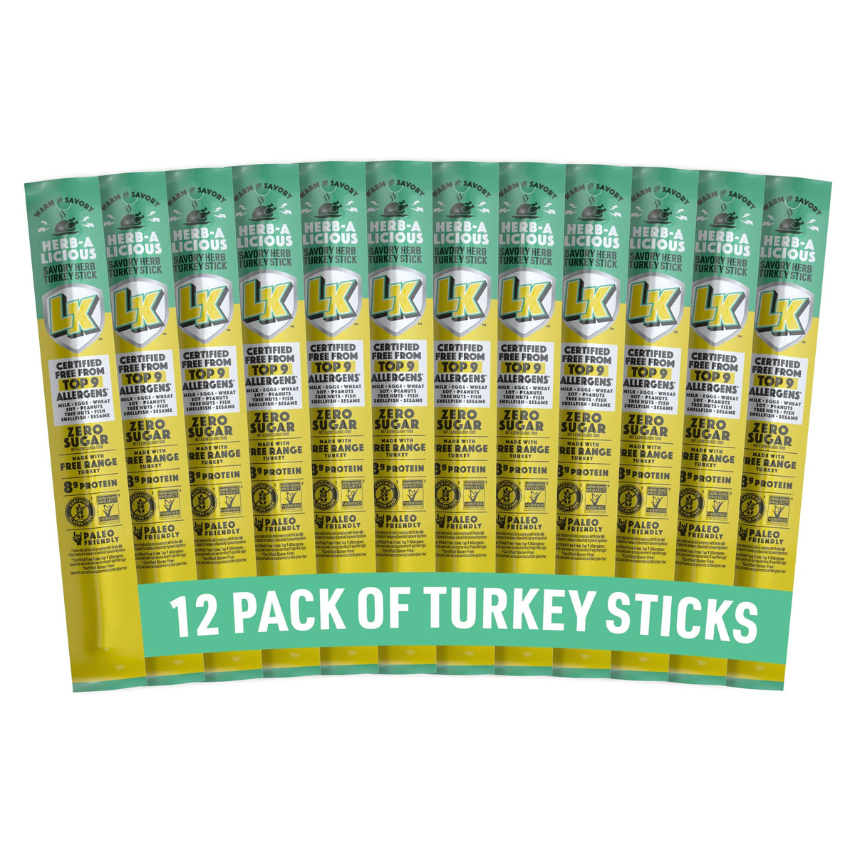Lorissa's Kitchen Herb-A-Licious turkey sticks packaging highlights allergen-free promise.