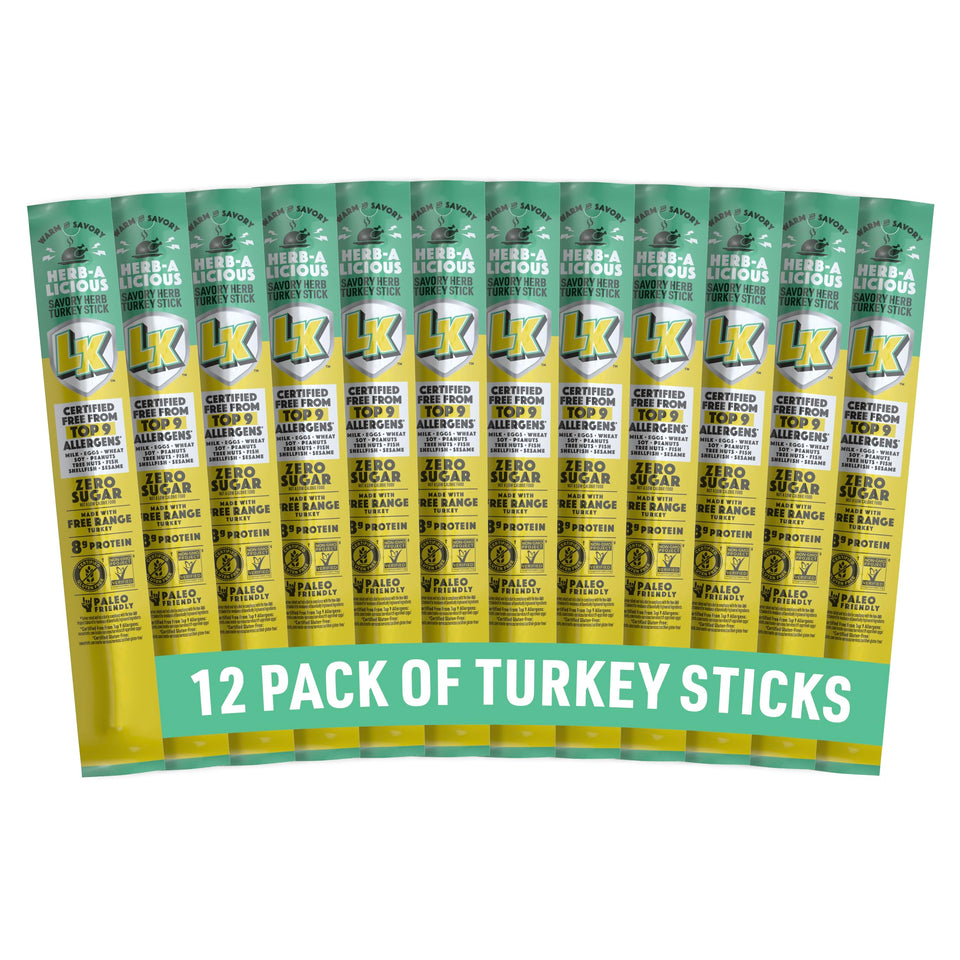 Lorissa's Kitchen Herb-A-Licious turkey sticks packaging highlights allergen-free promise.