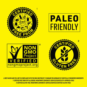 MenuTrinfo allergen-free certification badge on Lorissa's Kitchen Smoke Show beef sticks.