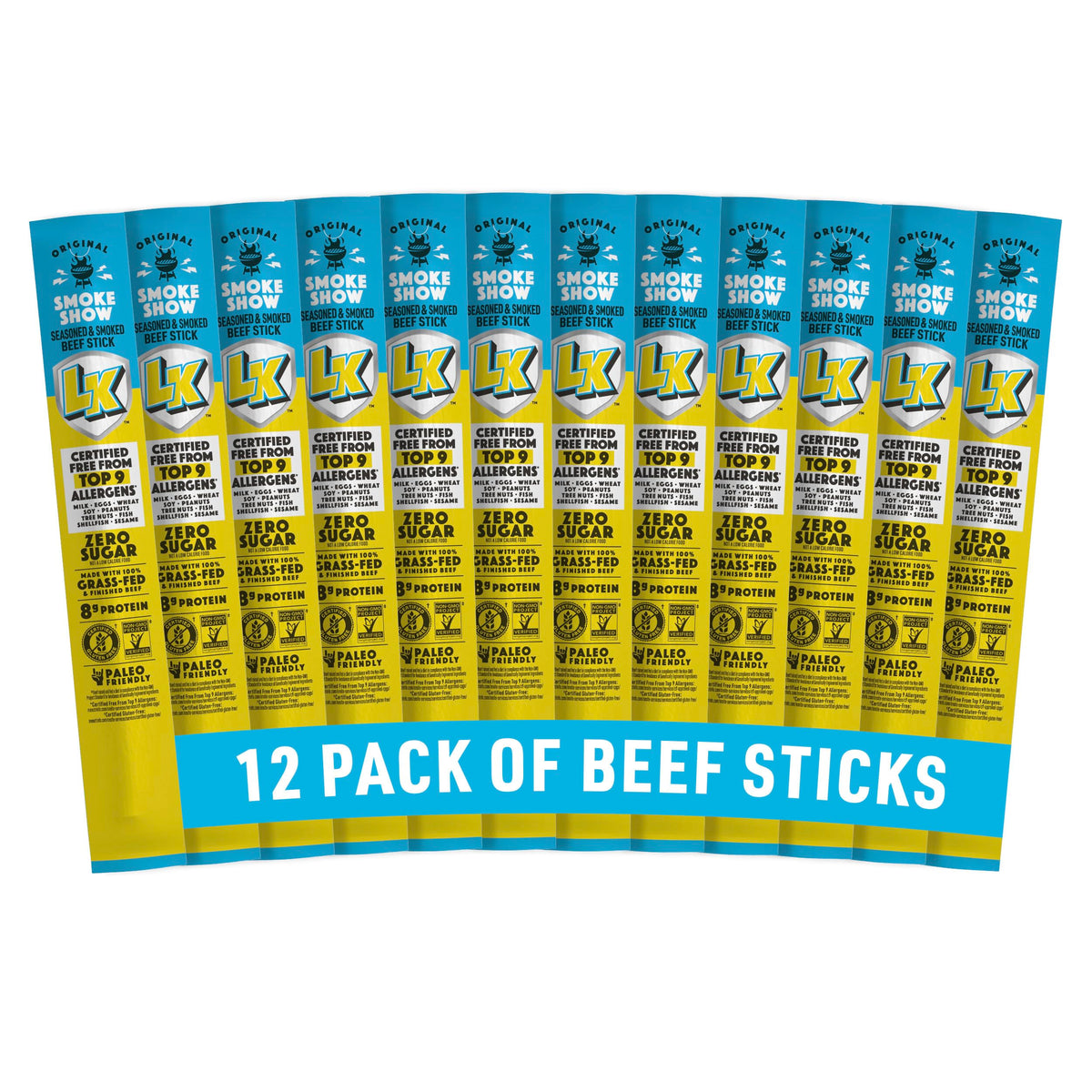 Lorissa's Kitchen Smoke Show beef sticks 12-count pack, high-protein on-the-go snacking.