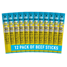 Lorissa's Kitchen Smoke Show beef sticks 12-count pack, high-protein on-the-go snacking.