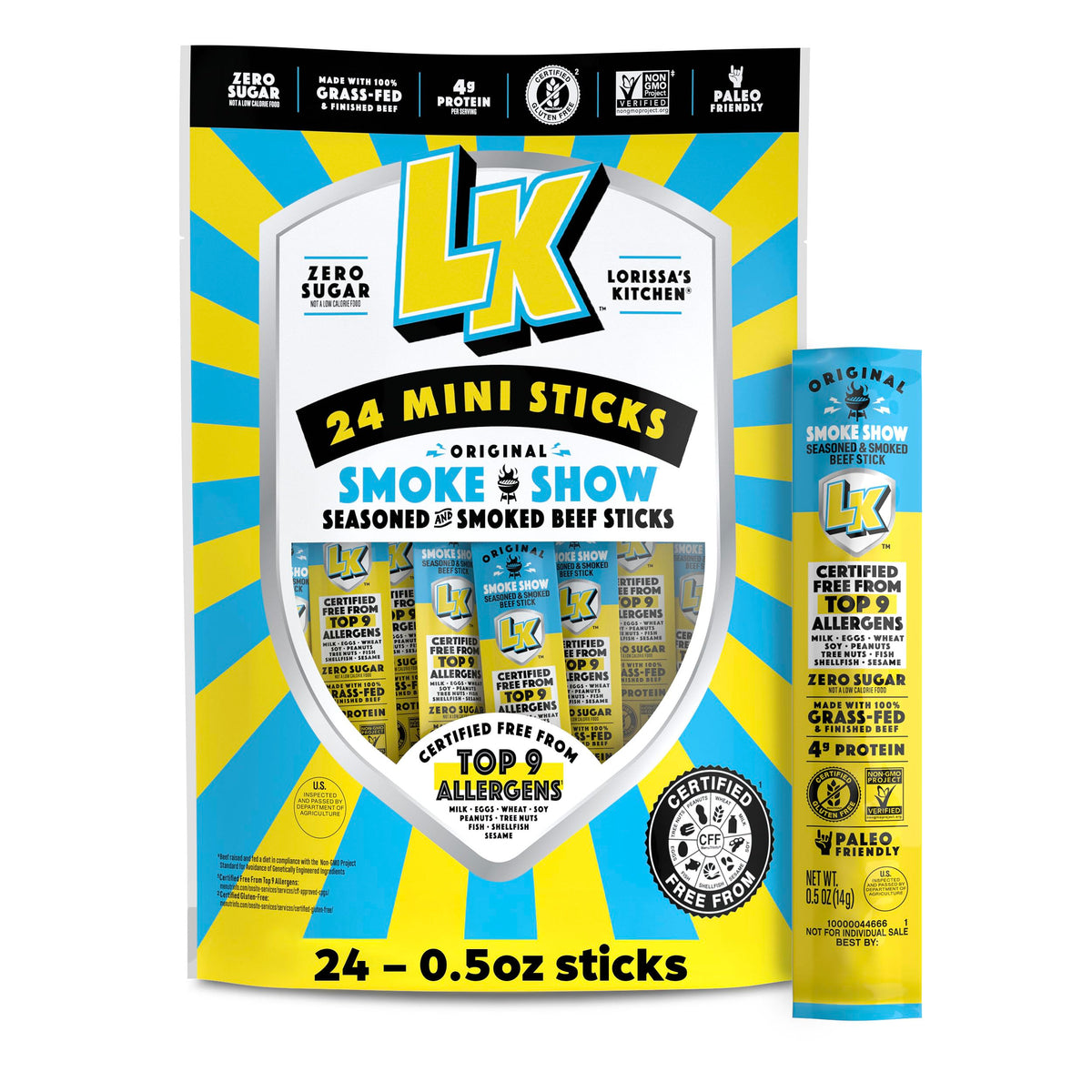 Lorissa's Kitchen Smoke Show mini beef sticks pack-shot for convenient protein snack