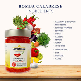 L'Oro Del Sud Bomba closeup shows vibrant peppers and vegetables in the spread.